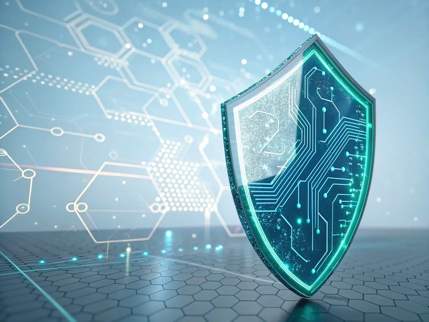 A digital illustration depicting a shield with integrated AI circuitry, symbolizing AI-powered cybersecurity protecting data streams and networks.