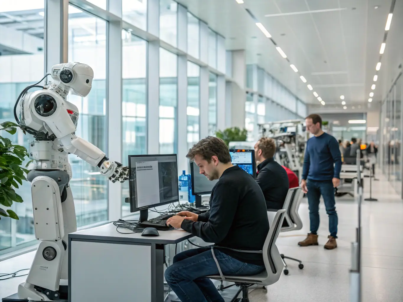 An image showing automated robotic arms working in harmony with human workers in a modern office setting, representing AI-driven automation enhancing productivity.